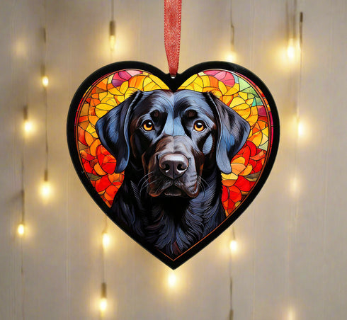 Labrador Black Stained Glass Effect Heart Suncatcher